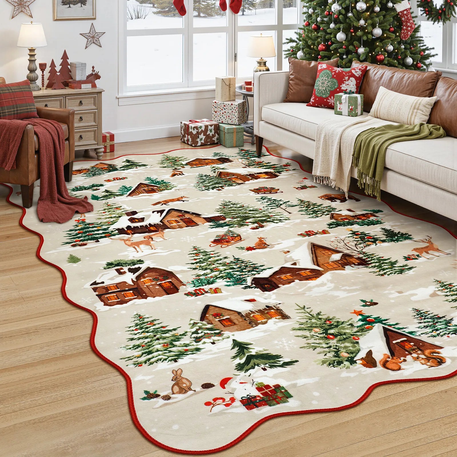 Gabriel Christmas Washable Cottage Lights Forest Animals Beige Rug Area Rugs Lahome