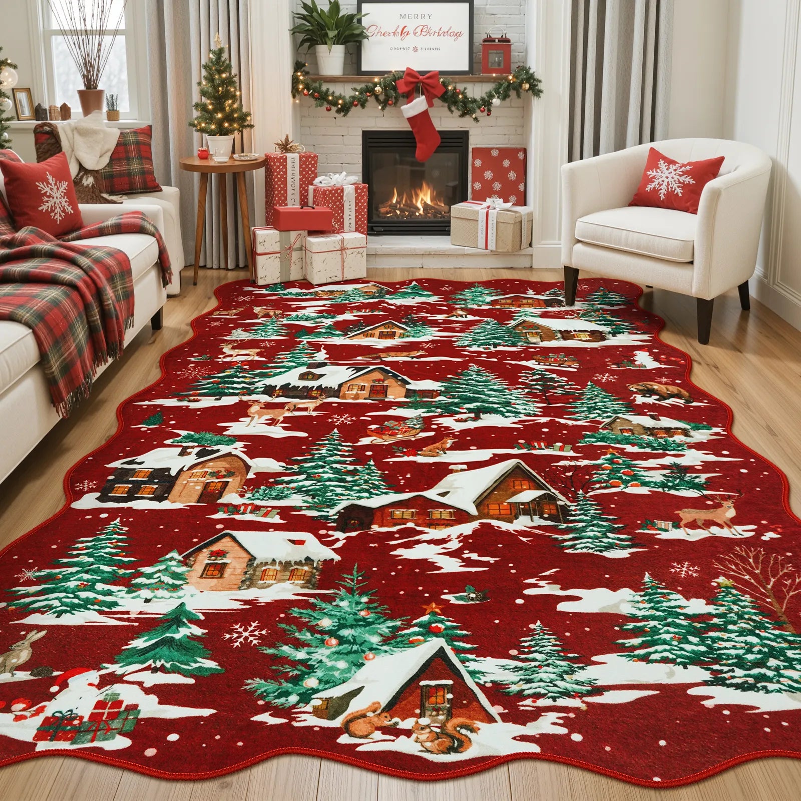 Gabriel Christmas Washable Cottage Lights Forest Animals Red Rug Area Rugs Lahome 5' x 7'