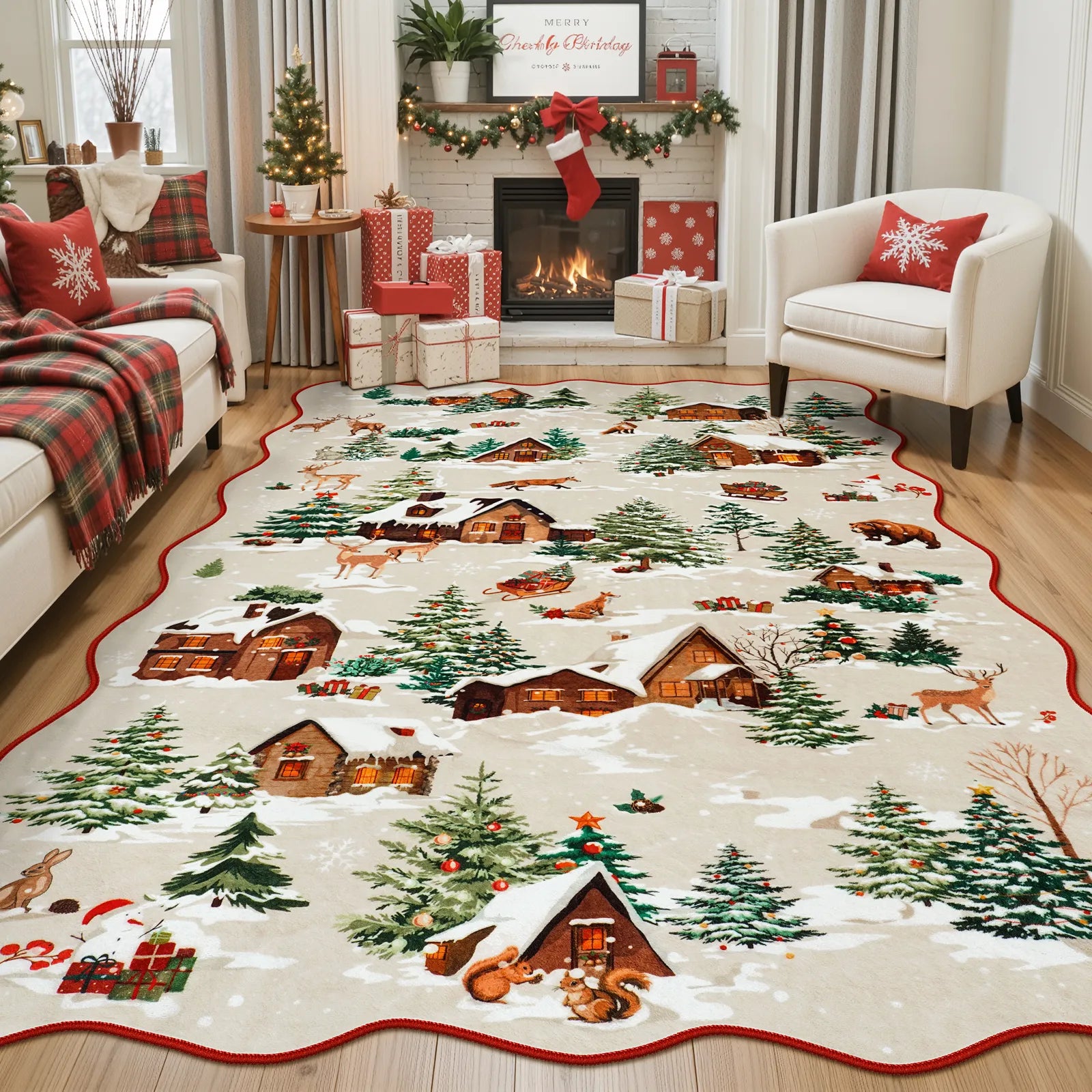 Gabriel Christmas Washable Cottage Lights Forest Animals Beige Rug Area Rugs Lahome 5' x 7'