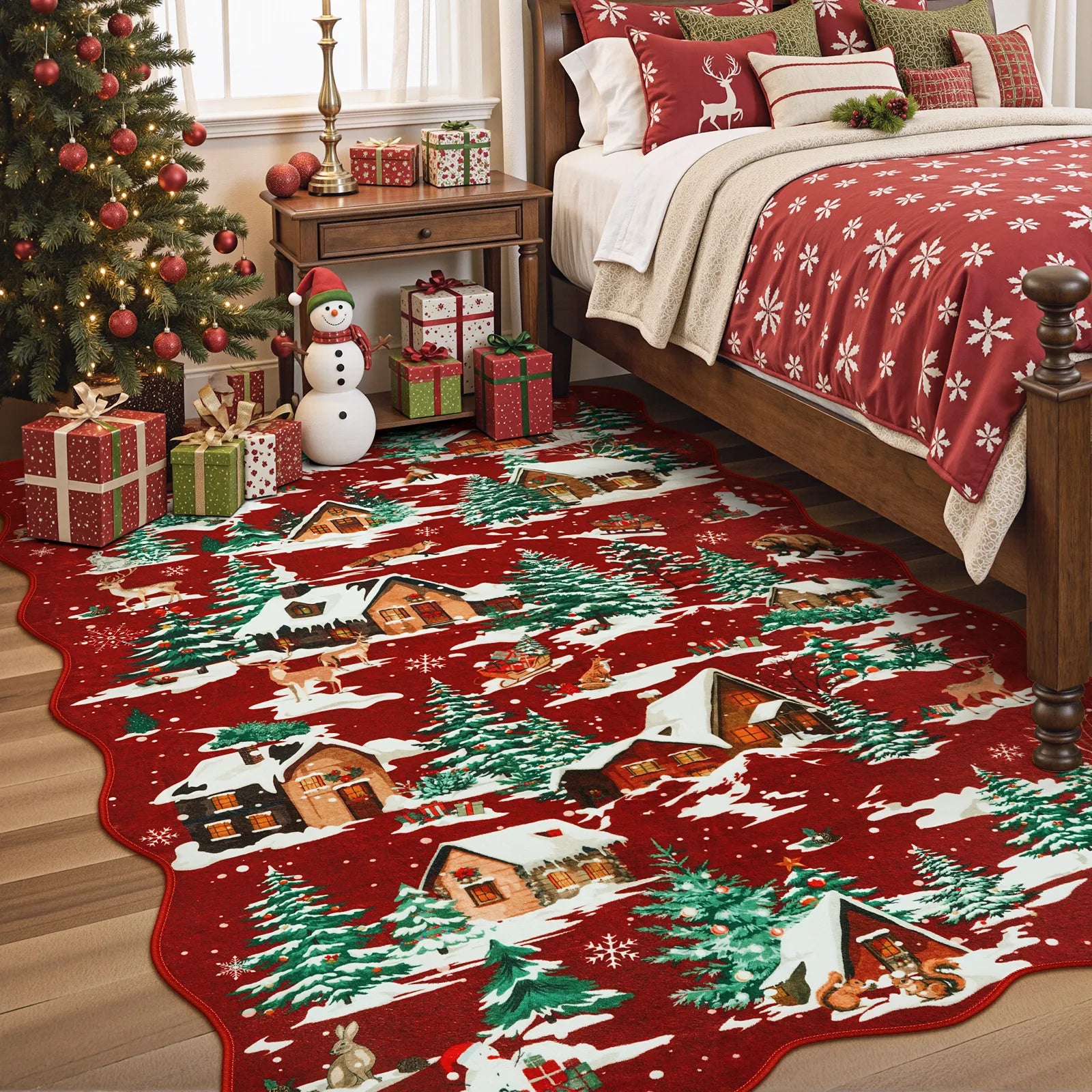 Gabriel Christmas Washable Cottage Lights Forest Animals Red Rug Area Rugs Lahome 3' x 5'
