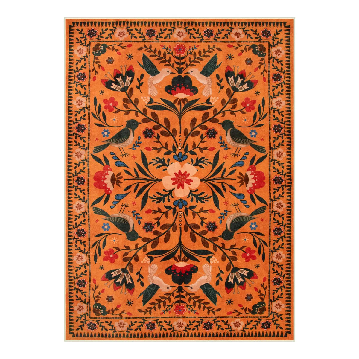 Rosalie Washable Boho Birdsong Floral Garden Orange Rug - Lahome