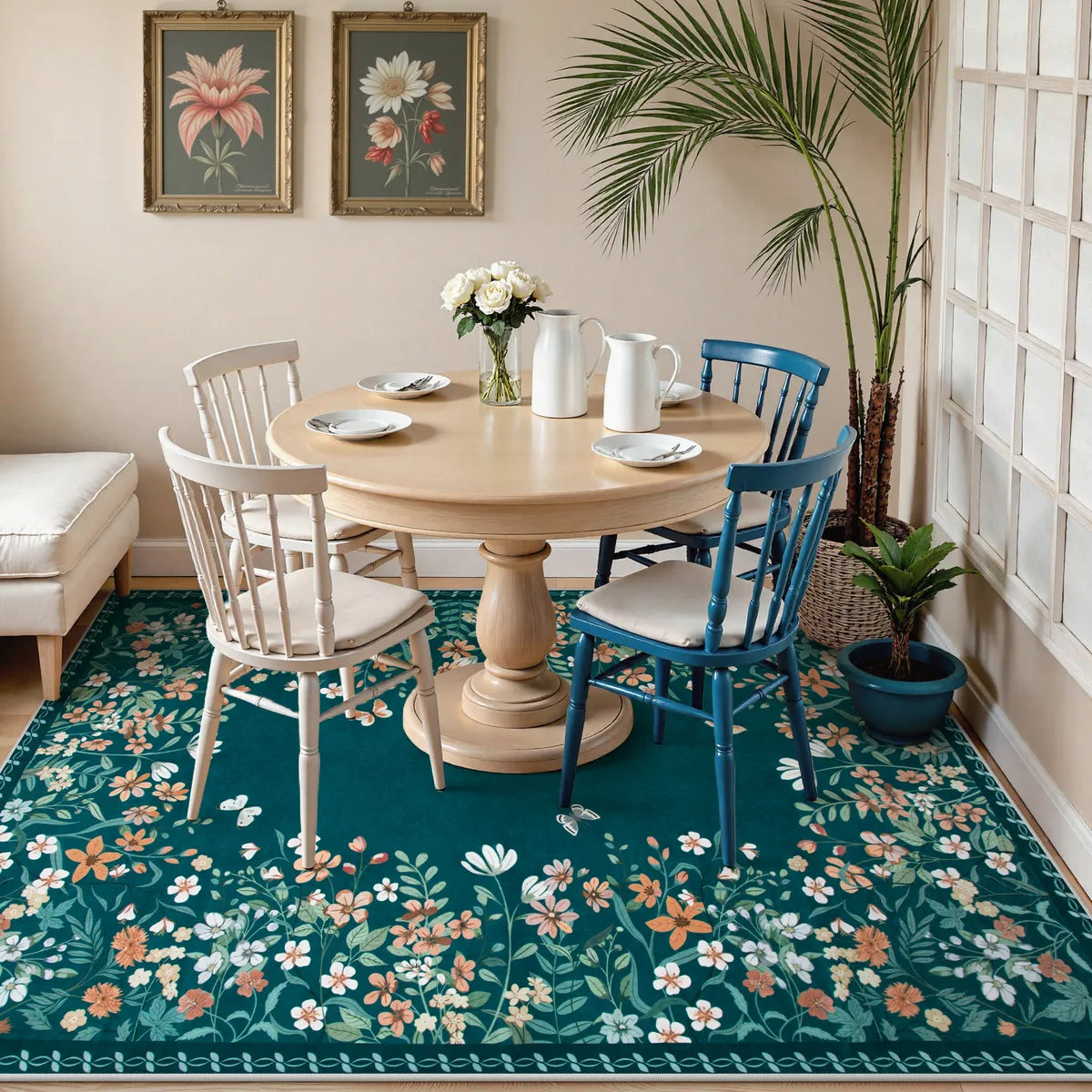 Solene Washable Modern Blooming Floral Garden Blue Rug Area Rugs Lahome 5' x 7'