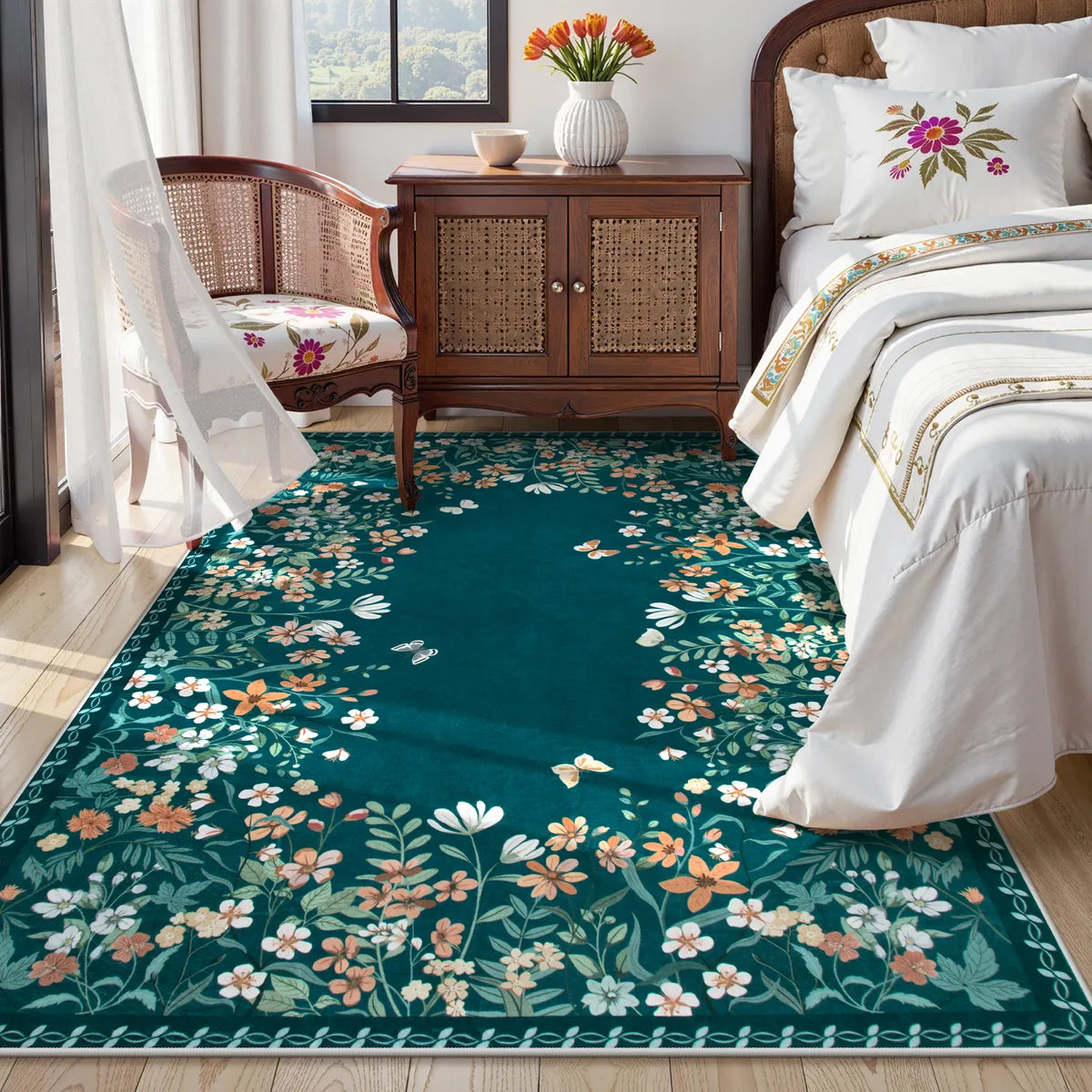 Solene Washable Modern Blooming Floral Garden Blue Rug Area Rugs Lahome