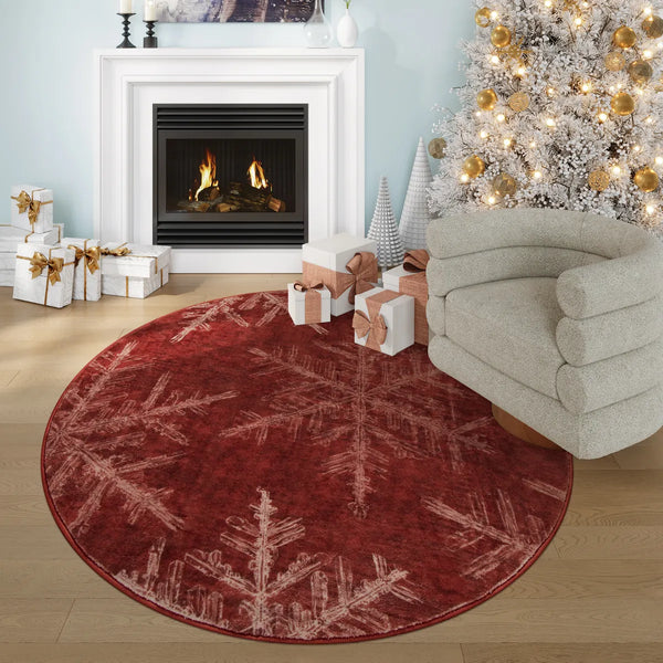 Perle Christmas Washable Crystal Snowflake Red Rug Area Rugs Lahome 5' Round