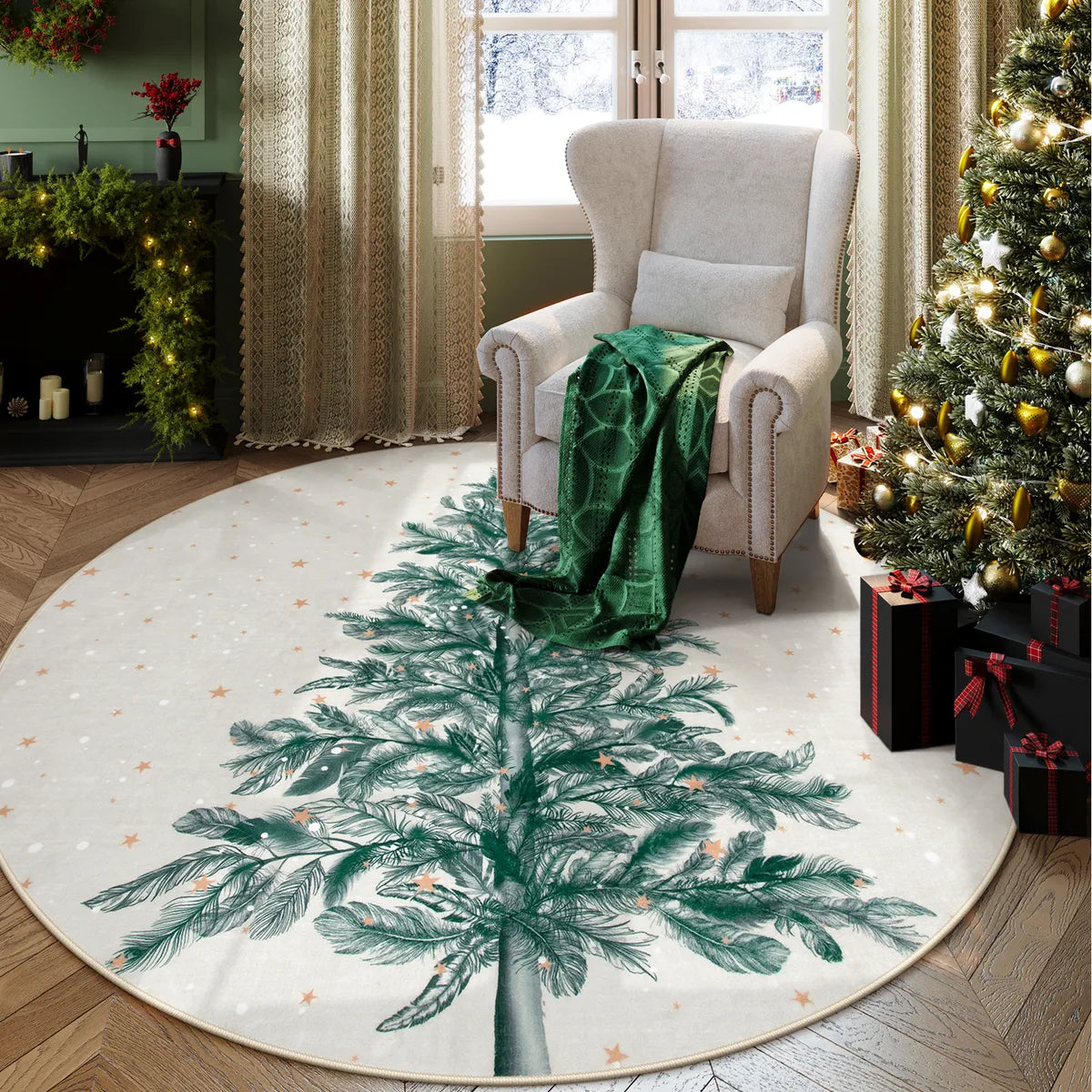Christmas Washable Tree and Snowflake Beige Rug Area Rugs Lahome 5' Round