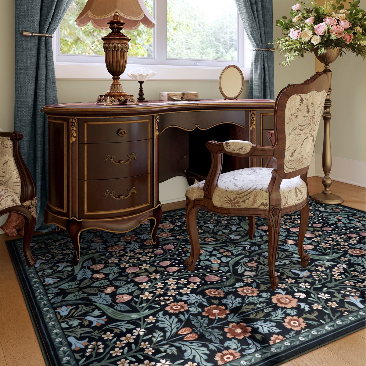 Claude Maximalism Vibrant Blossom Floral Black Area Rug