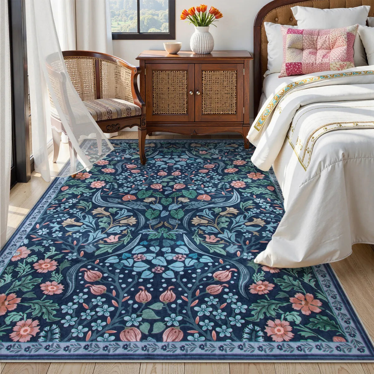 Claude Washable Maximalism Vibrant Floral Blue Rug Area Rugs Lahome 5' x 7'