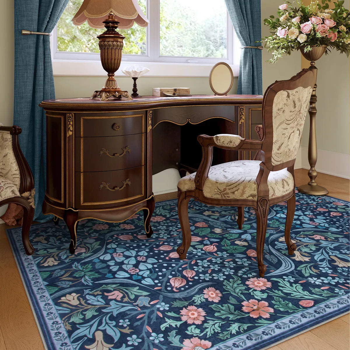 Claude Washable Maximalism Vibrant Floral Blue Rug Area Rugs Lahome