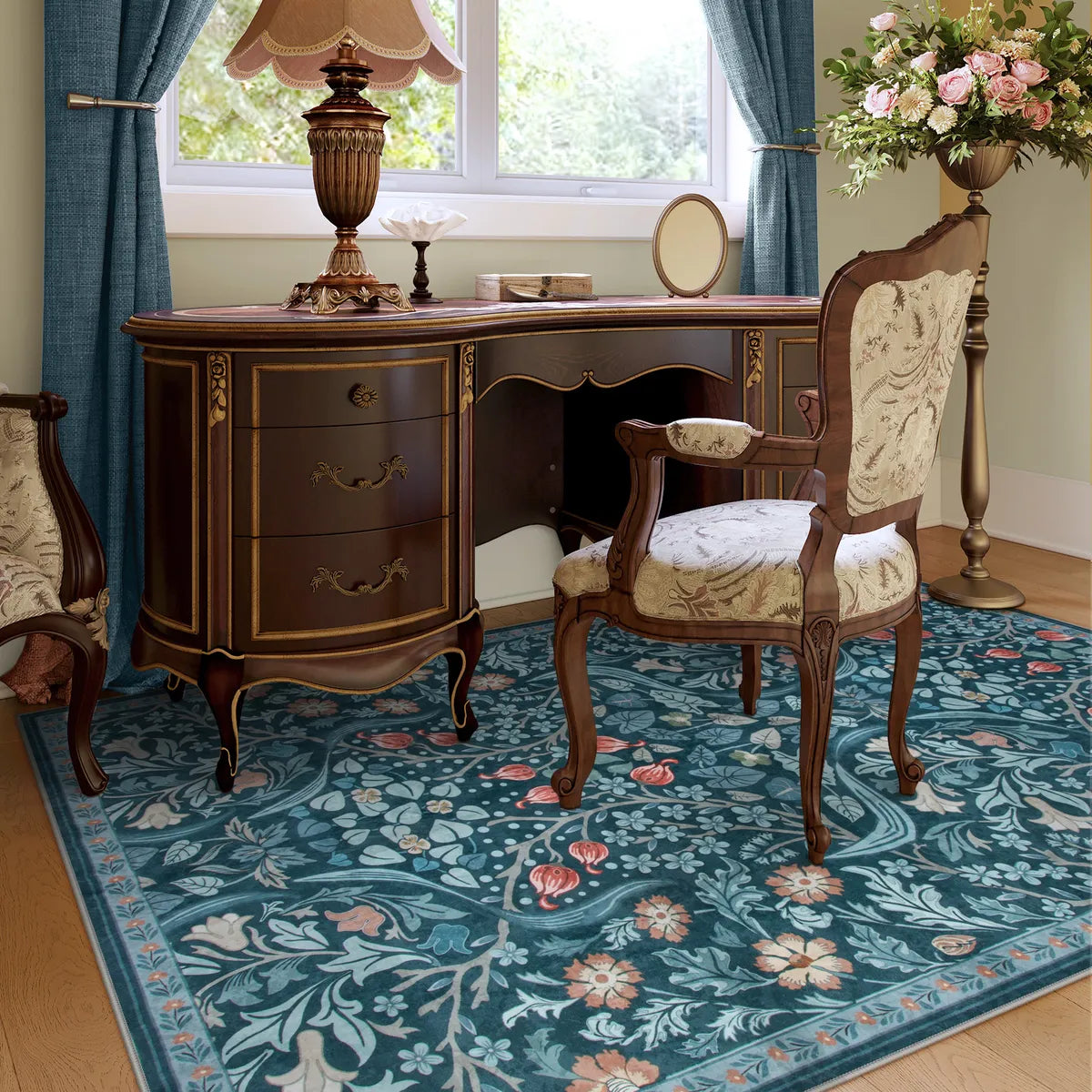Claude Washable Maximalism Vibrant Floral Teal Blue Rug Area Rugs Lahome