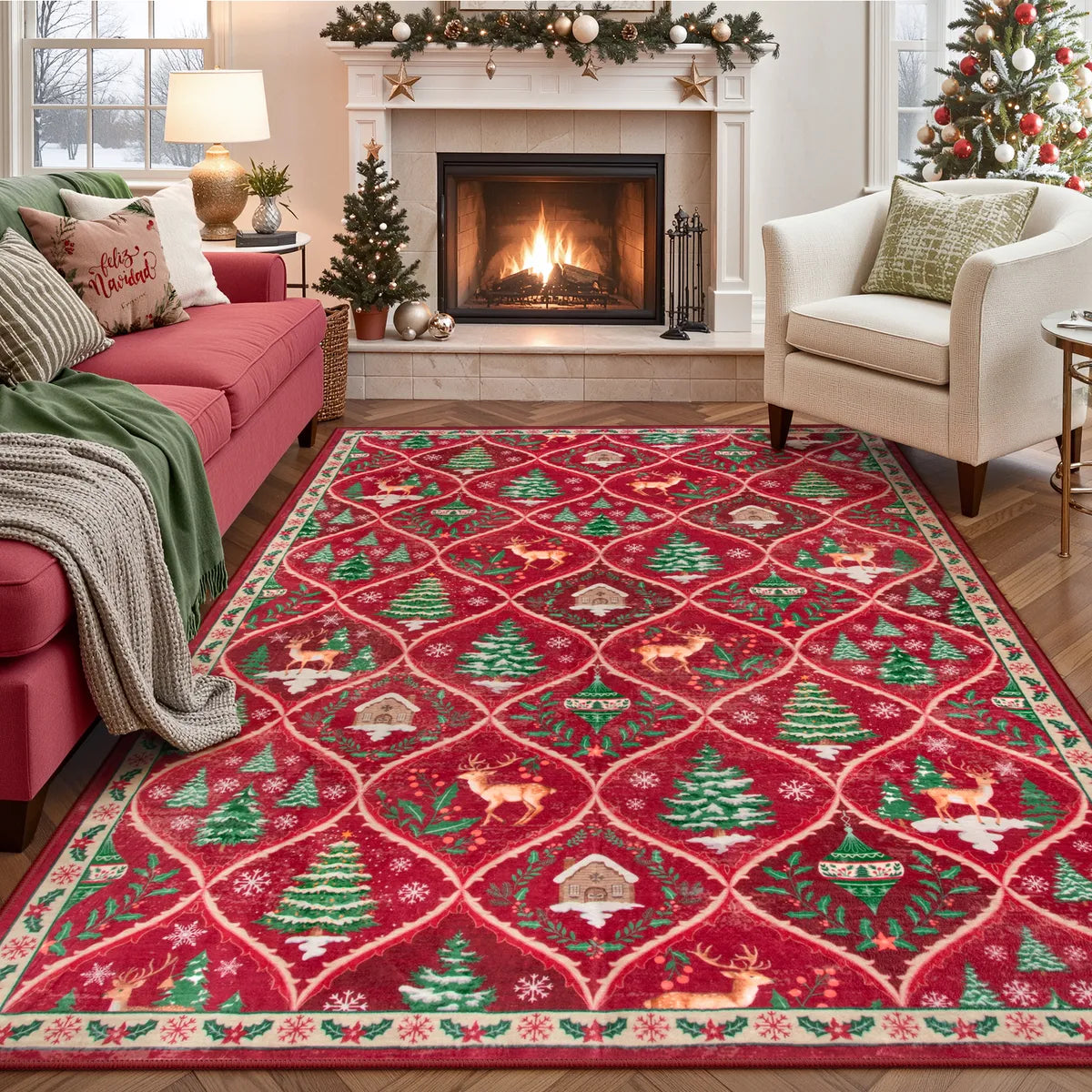 Glace Christmas Washable Tree and Reindeer Red Rug Area Rugs Lahome