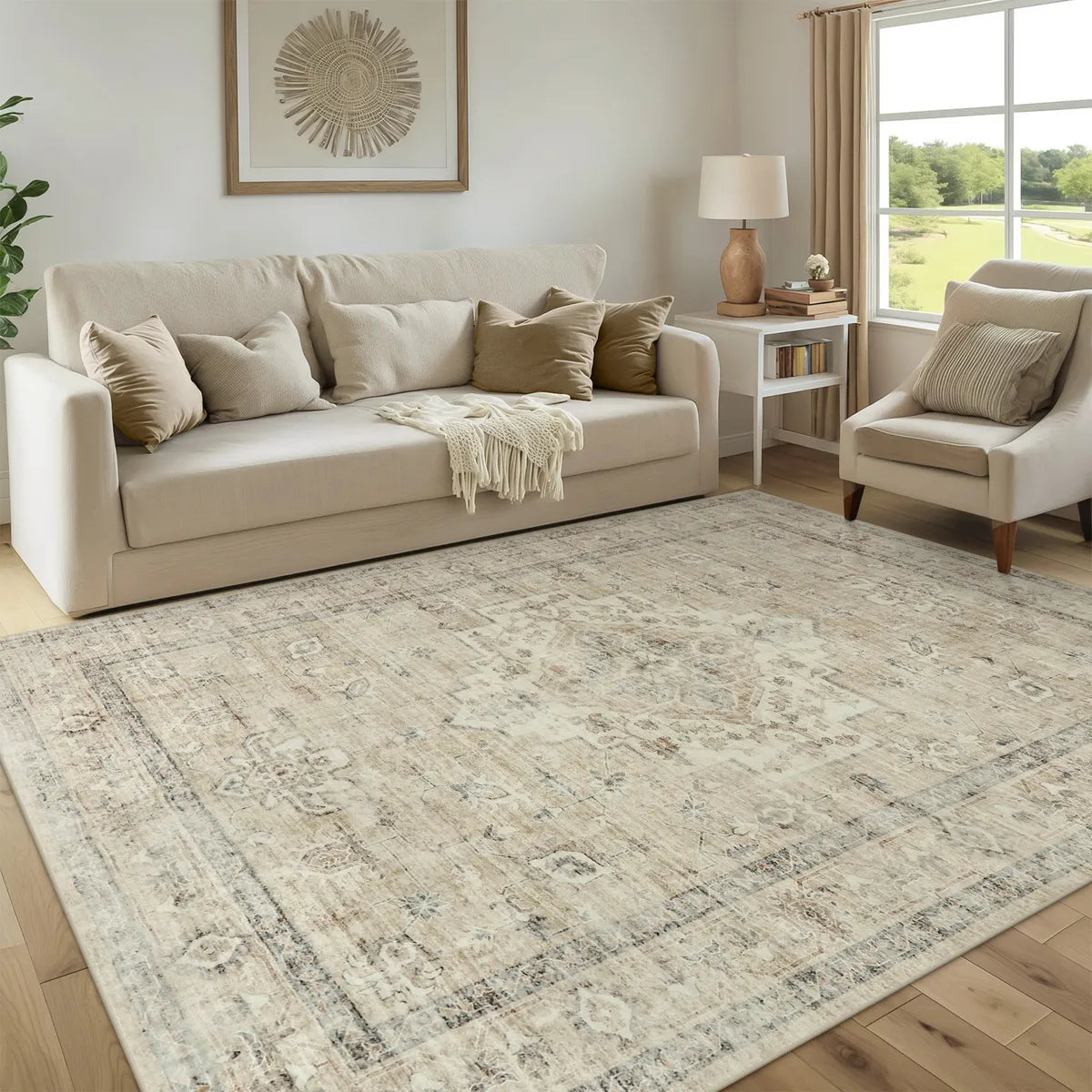 Alene Washable Vintage Medallion Floral Beige Rug Area Rugs Lahome 5' x 7'