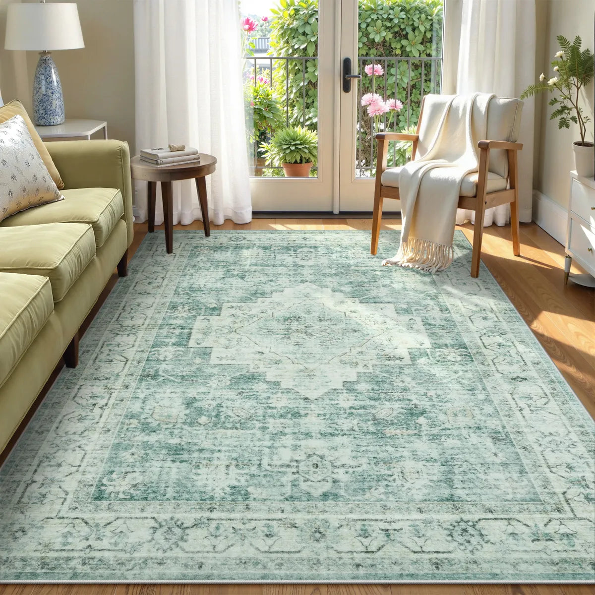 Alene Washable Vintage Medallion Floral Green Rug Area Rugs Lahome 5' x 7'