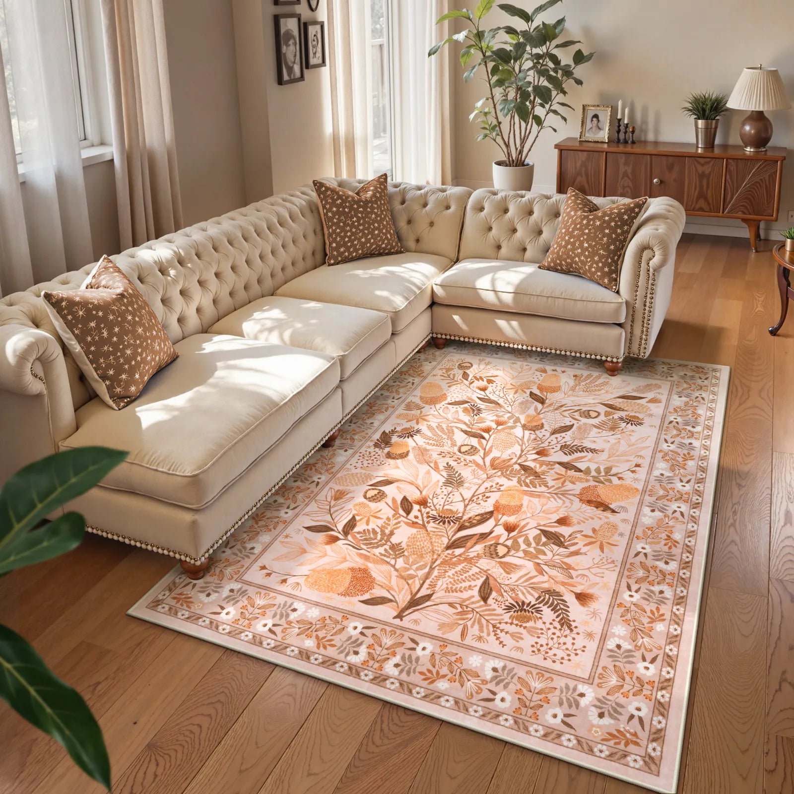 Alma Washable Modern Natural Botanical Floral Beige Rug Area Rugs Lahome