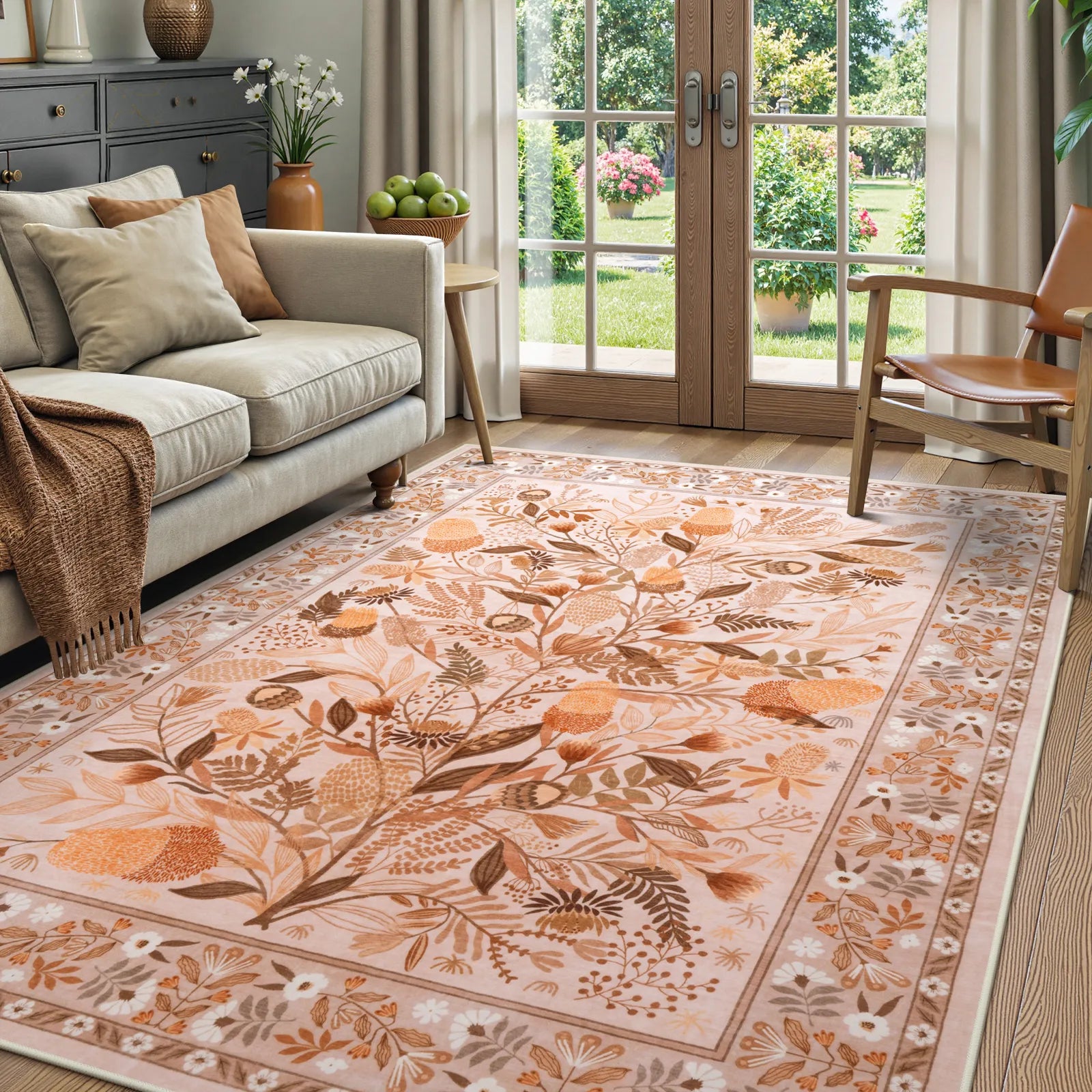 Alma Washable Modern Natural Botanical Floral Beige Rug Area Rugs Lahome