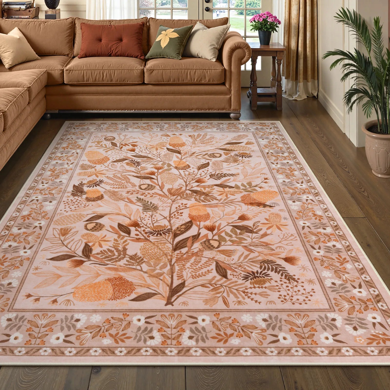 Alma Washable Modern Natural Botanical Floral Beige Rug Area Rugs Lahome 5' x 7'