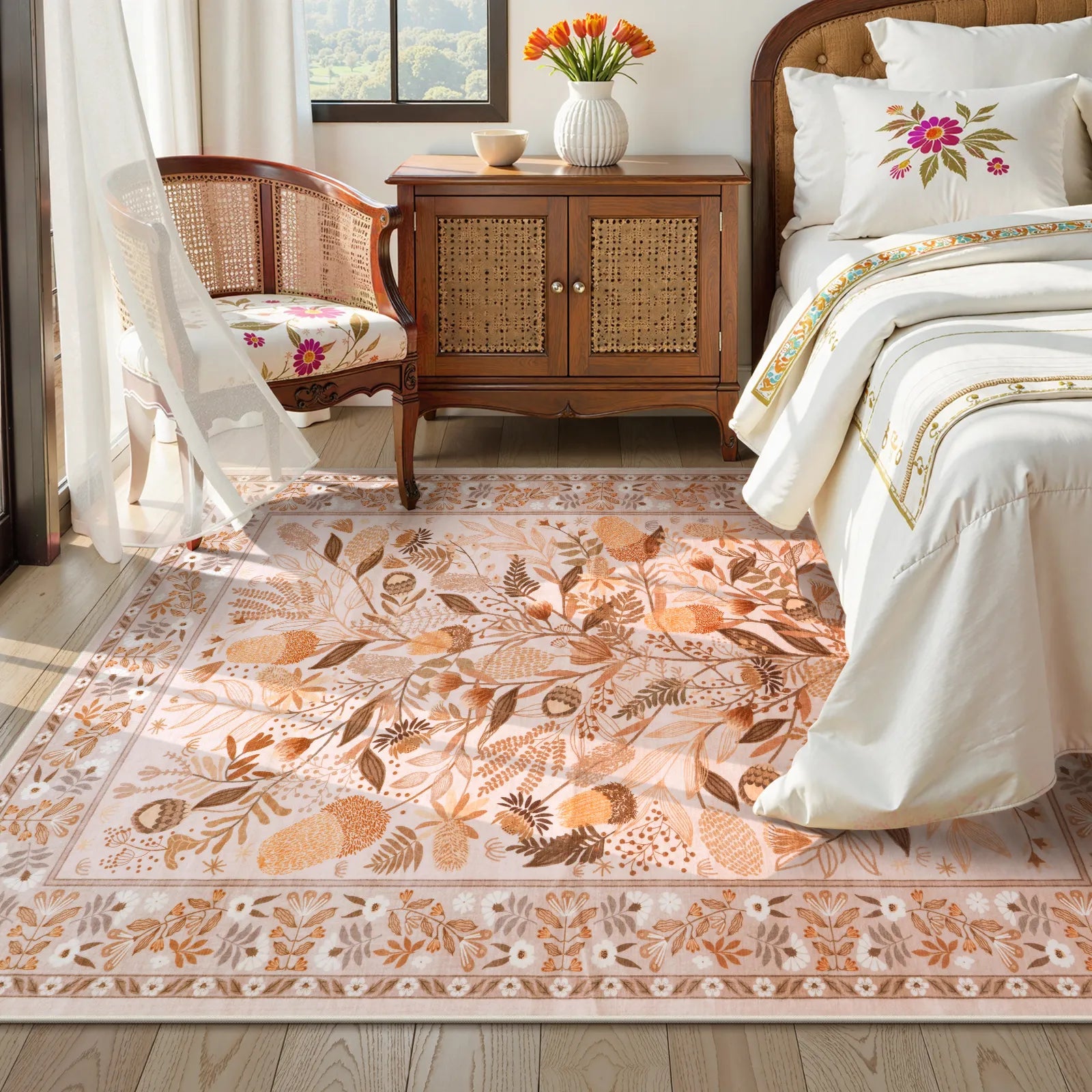 Alma Washable Modern Natural Botanical Floral Beige Rug Area Rugs Lahome