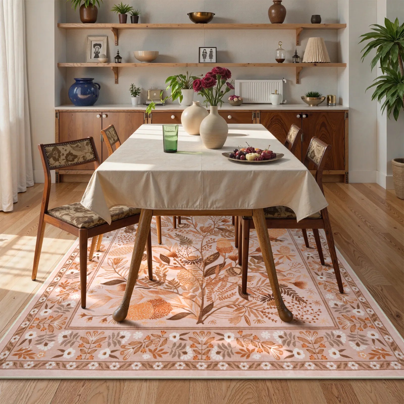 Alma Washable Modern Natural Botanical Floral Beige Rug Area Rugs Lahome