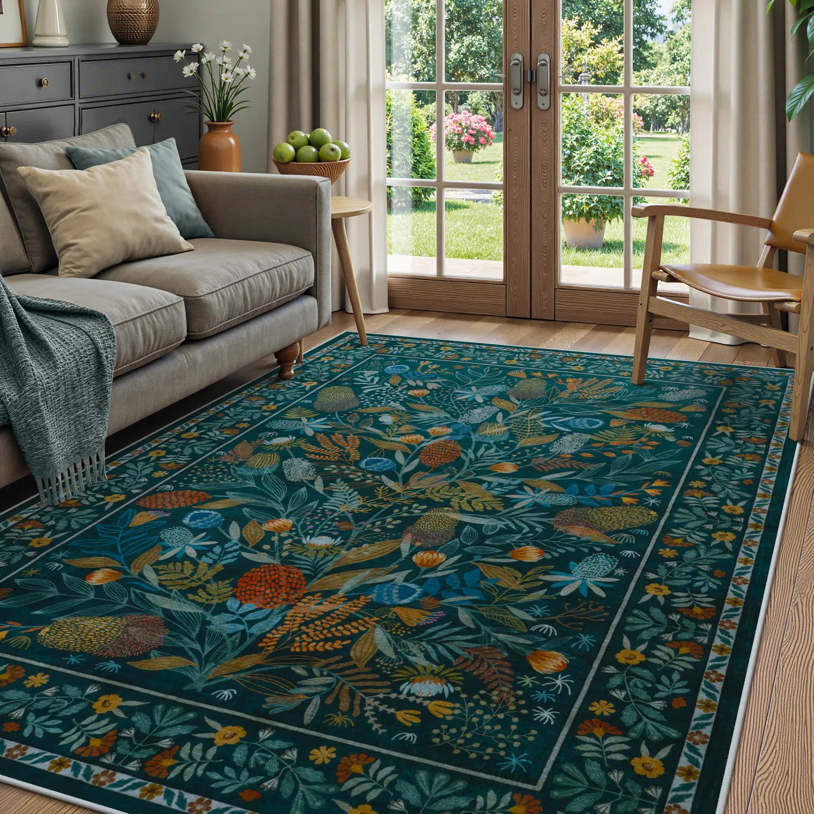 Alma Washable Modern Natural Botanical Floral Blue Rug Area Rugs Lahome 5' x 7'