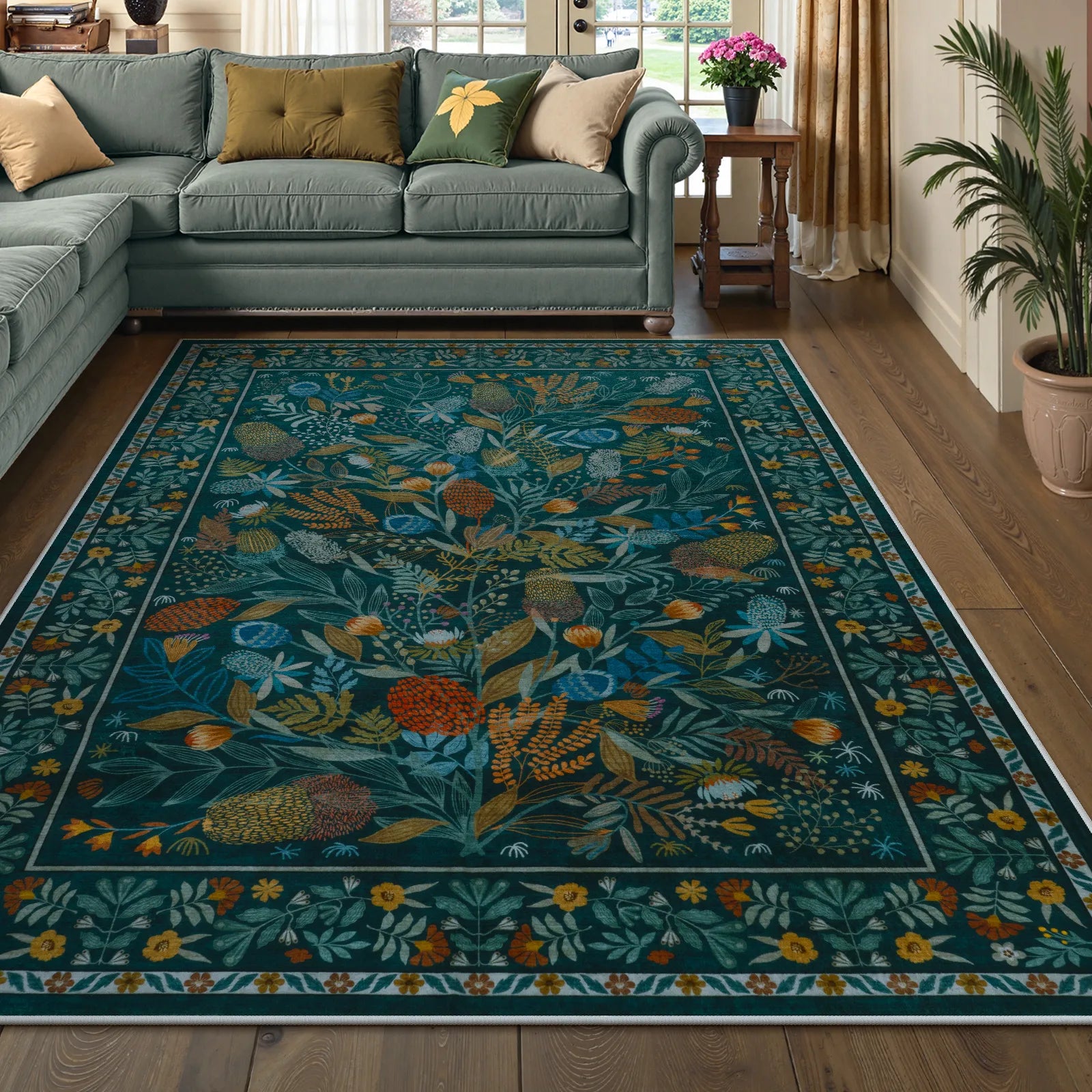 Alma Washable Modern Natural Botanical Floral Blue Rug Area Rugs Lahome