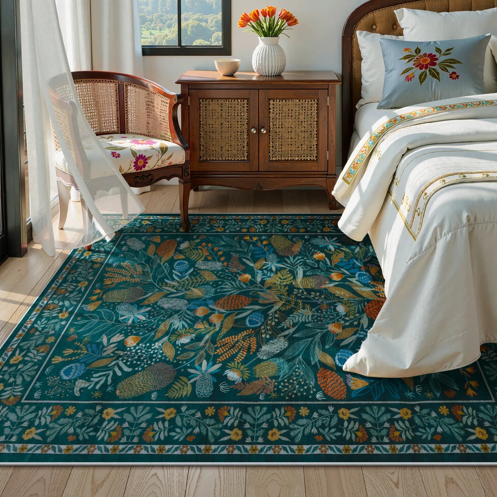 Alma Washable Modern Natural Botanical Floral Blue Rug Area Rugs Lahome