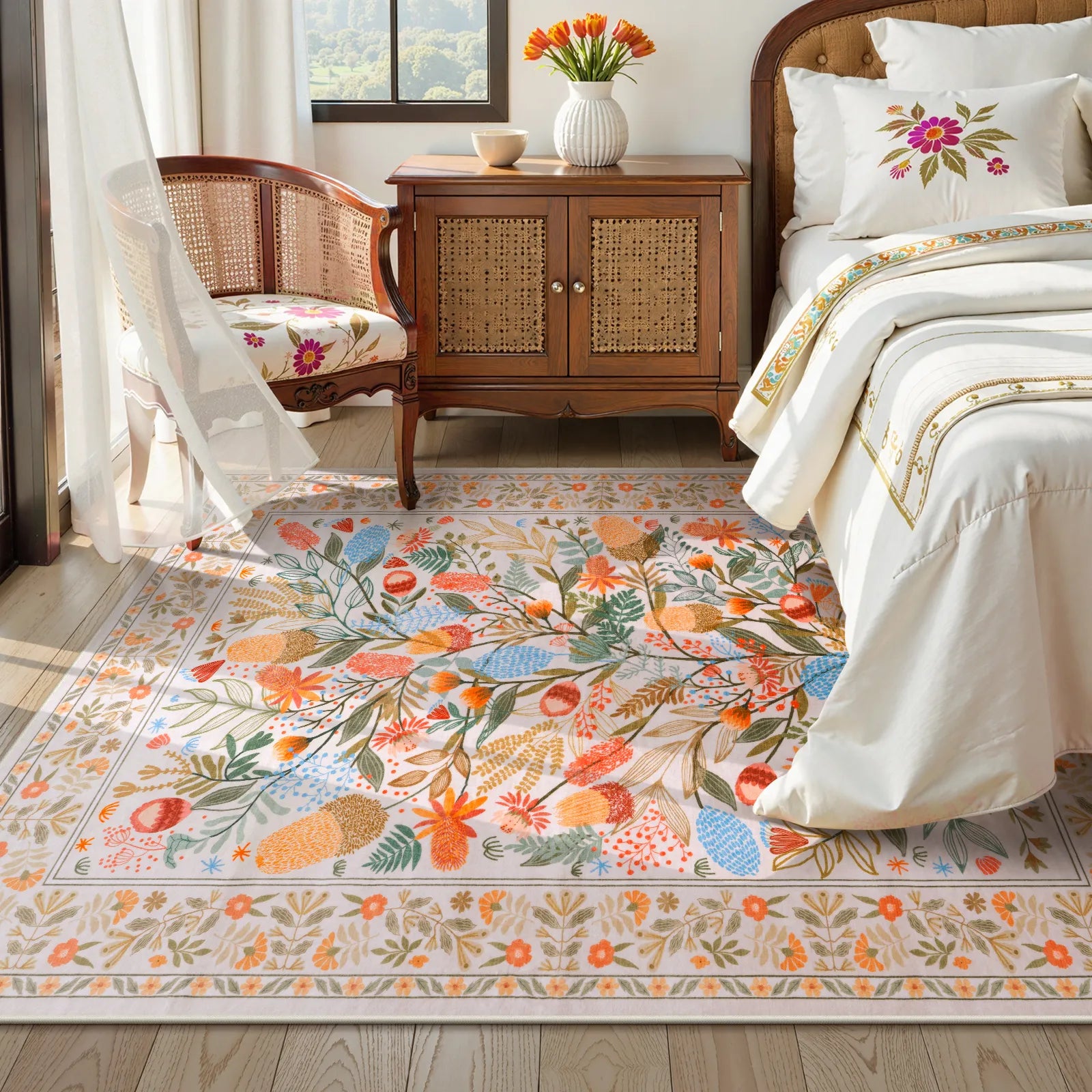 Alma Washable Modern Natural Botanical Floral Colorful Rug Area Rugs Lahome