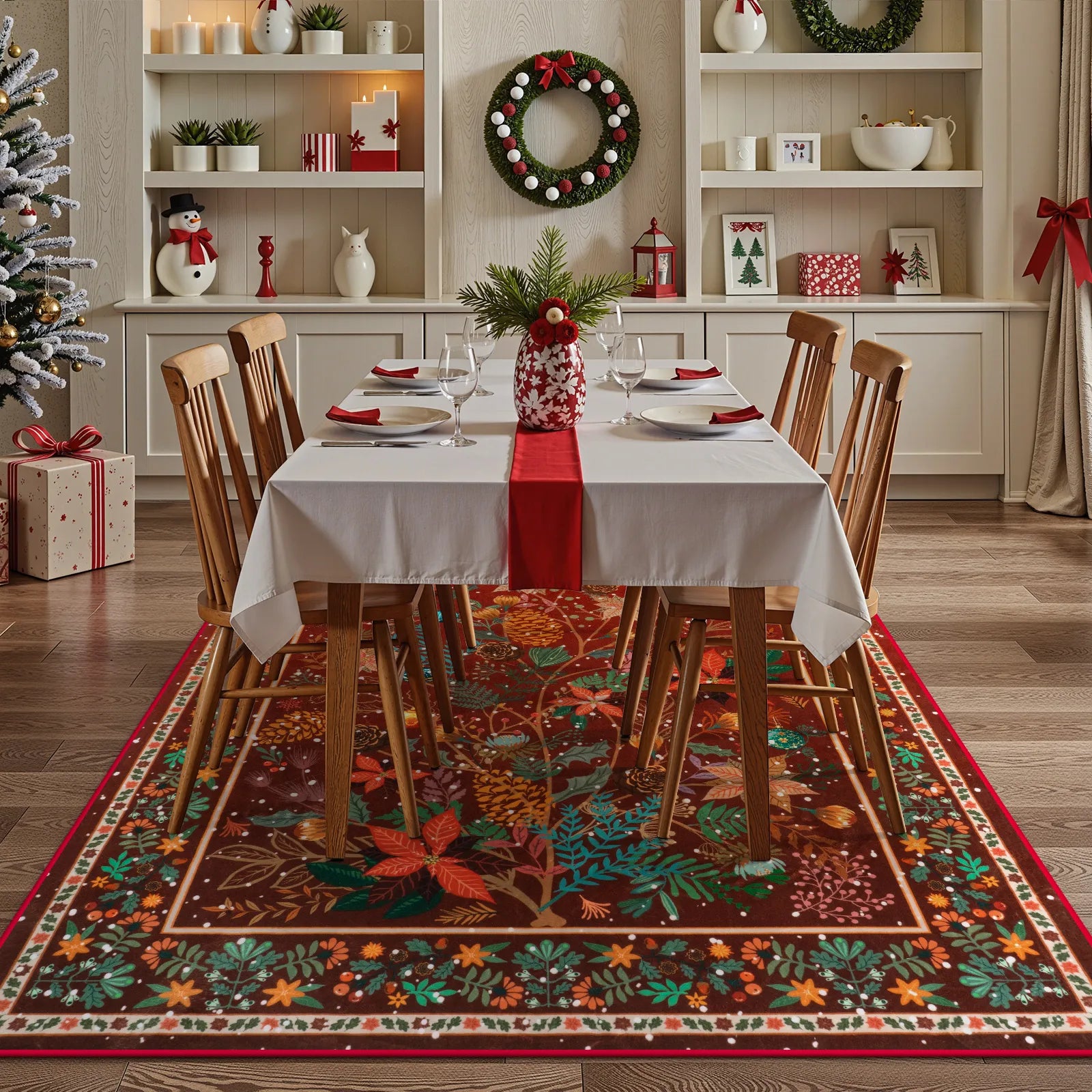 Alma Christmas Washable Modern Natural Botanical Floral Red Rug Area Rugs Lahome