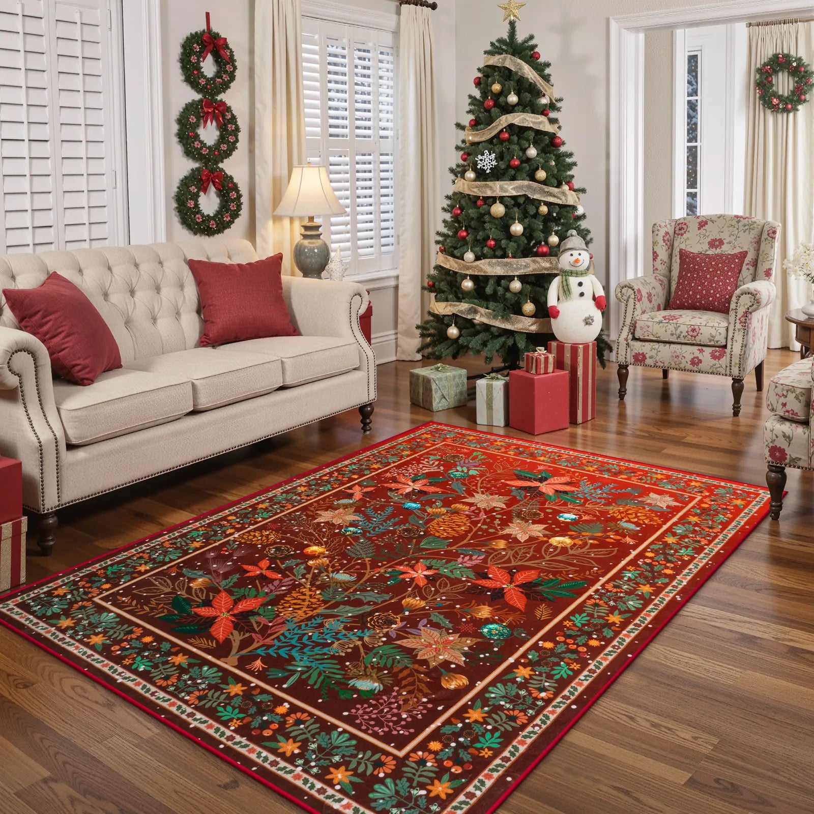 Alma Christmas Washable Modern Natural Botanical Floral Red Rug Area Rugs Lahome