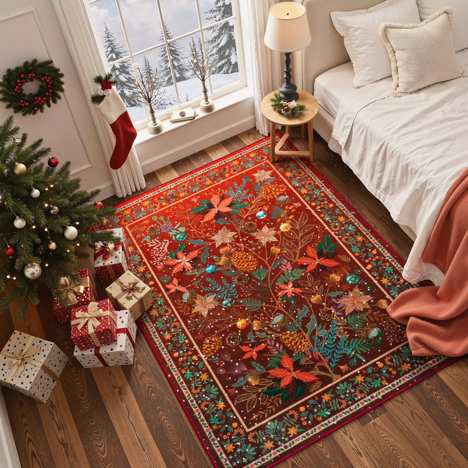 Alma Christmas Washable Modern Natural Botanical Floral Red Rug Area Rugs Lahome 5' x 7'