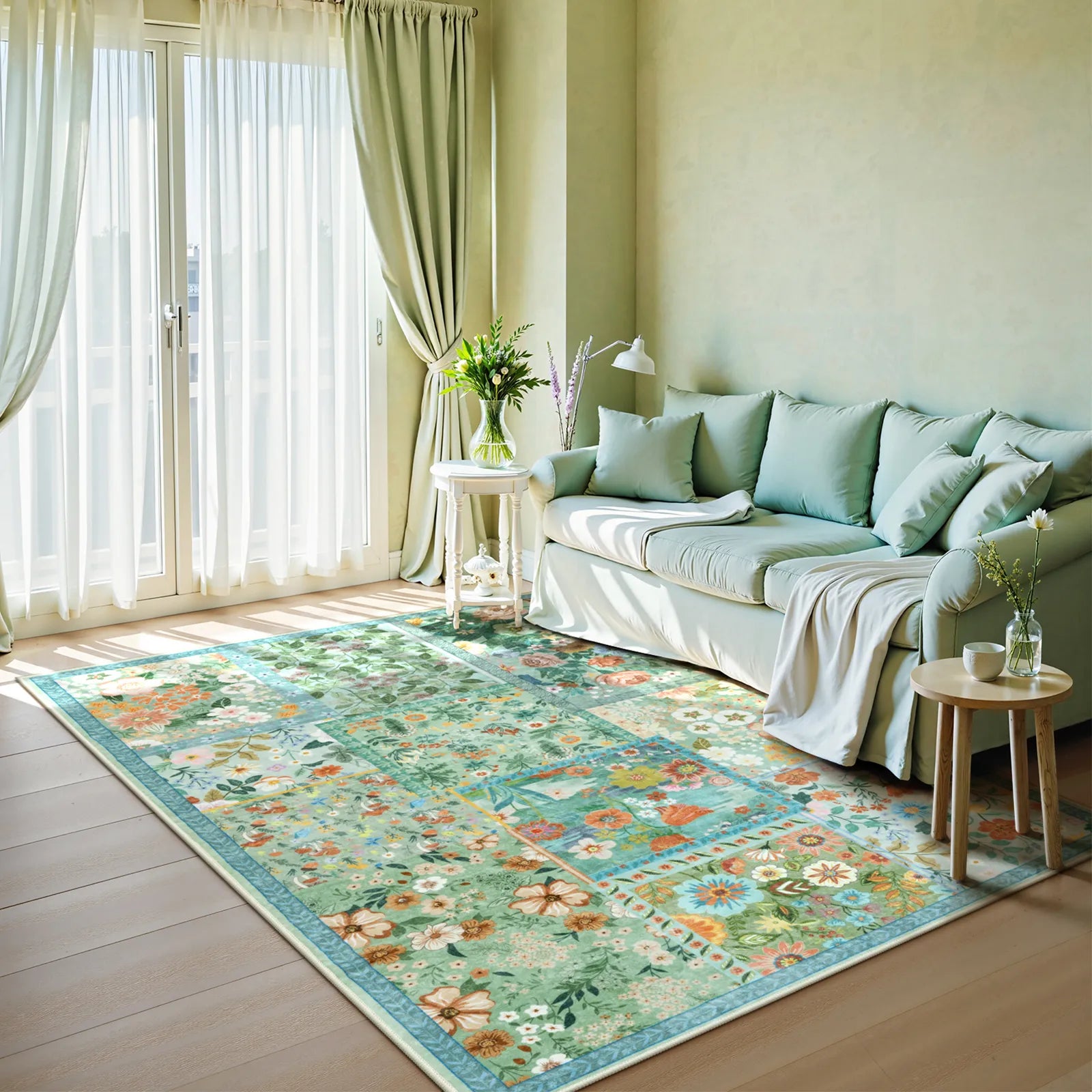 Amour Washable Boho Patchwork Floral Green Rug Rugs Lahome