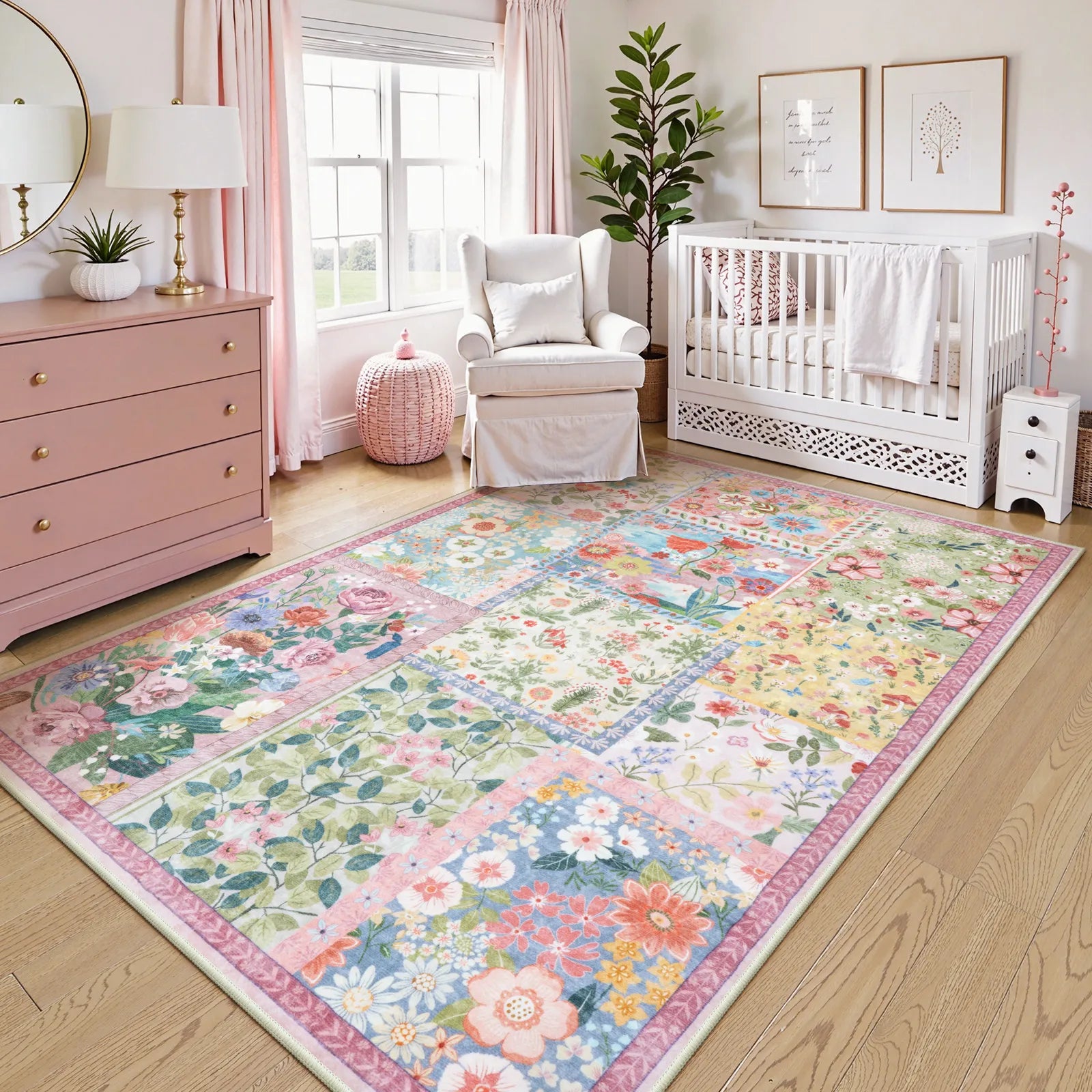 Amour Washable Boho Patchwork Floral Pink Rug Rugs Lahome 5' x 7'