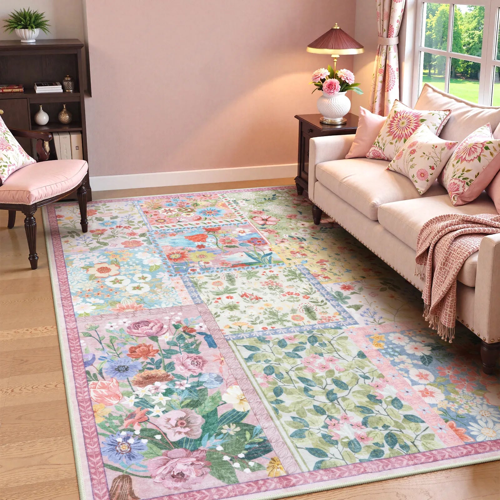 Amour Washable Boho Patchwork Floral Pink Rug Rugs Lahome