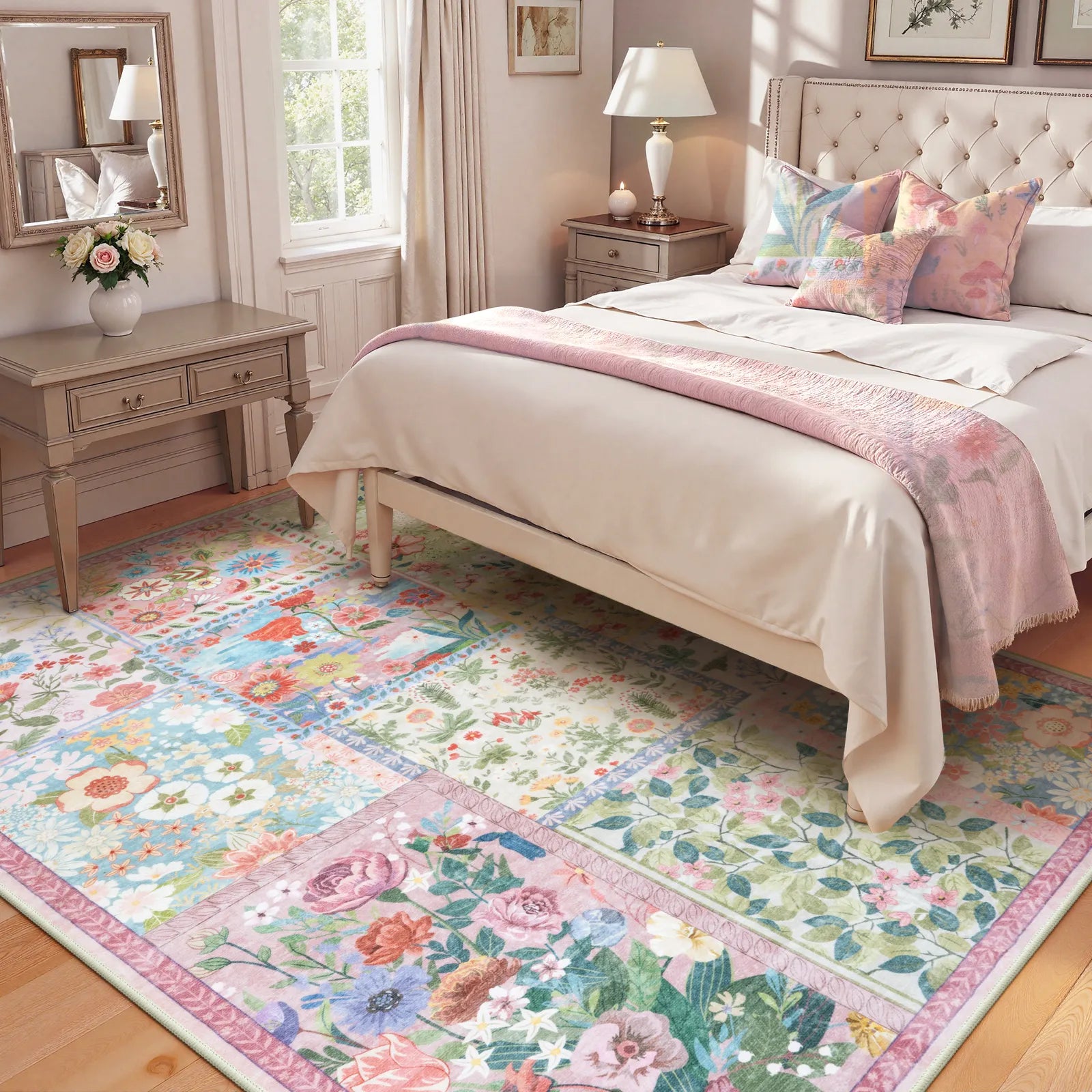 Amour Washable Boho Patchwork Floral Pink Rug Rugs Lahome