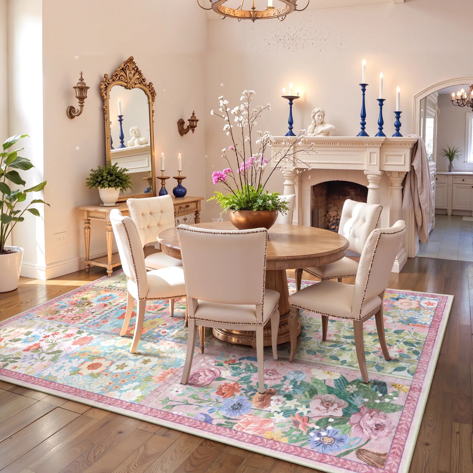 Amour Washable Boho Patchwork Floral Pink Rug Rugs Lahome