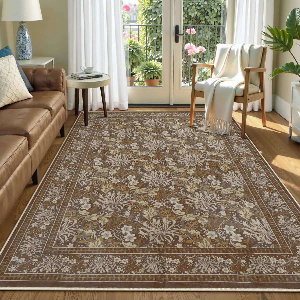 Arbore Washable Boho Vintage Floral Brown Rug Area Rugs Lahome 5' x 7'