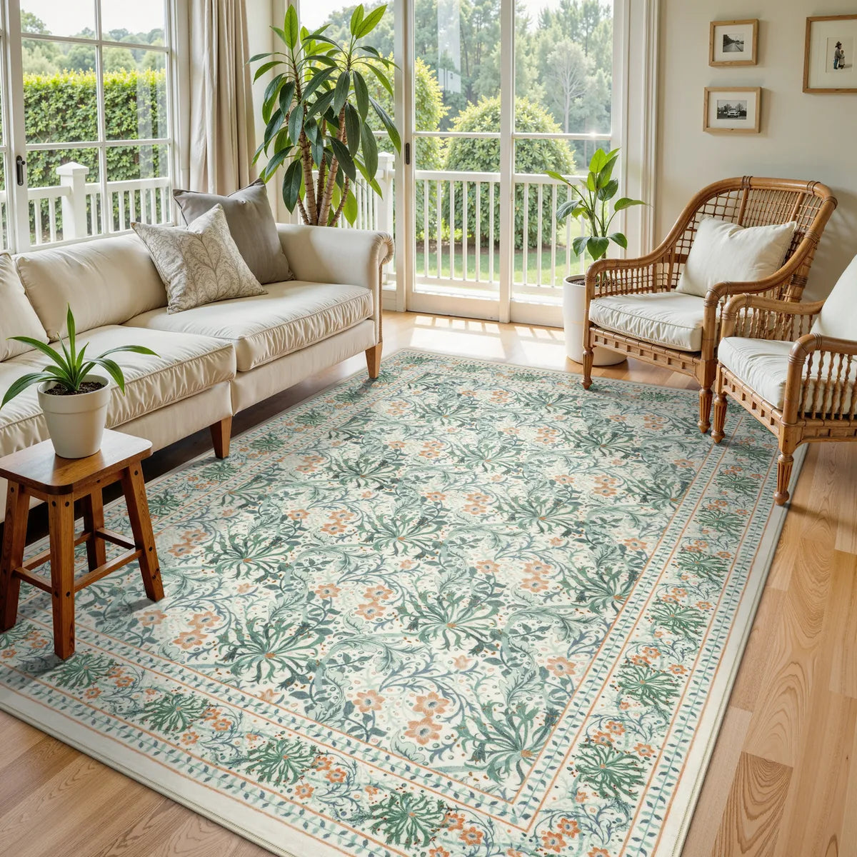 Arbore Washable Boho Vintage Floral Light Green Rug Area Rugs Lahome