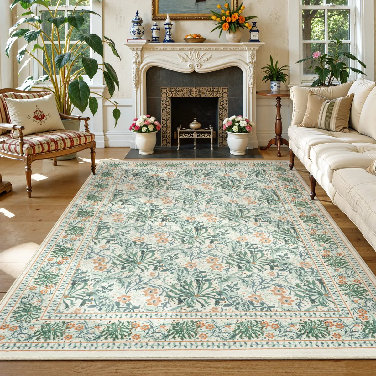 Arbore Washable Boho Vintage Floral Light Green Rug Area Rugs Lahome 5' x 7'