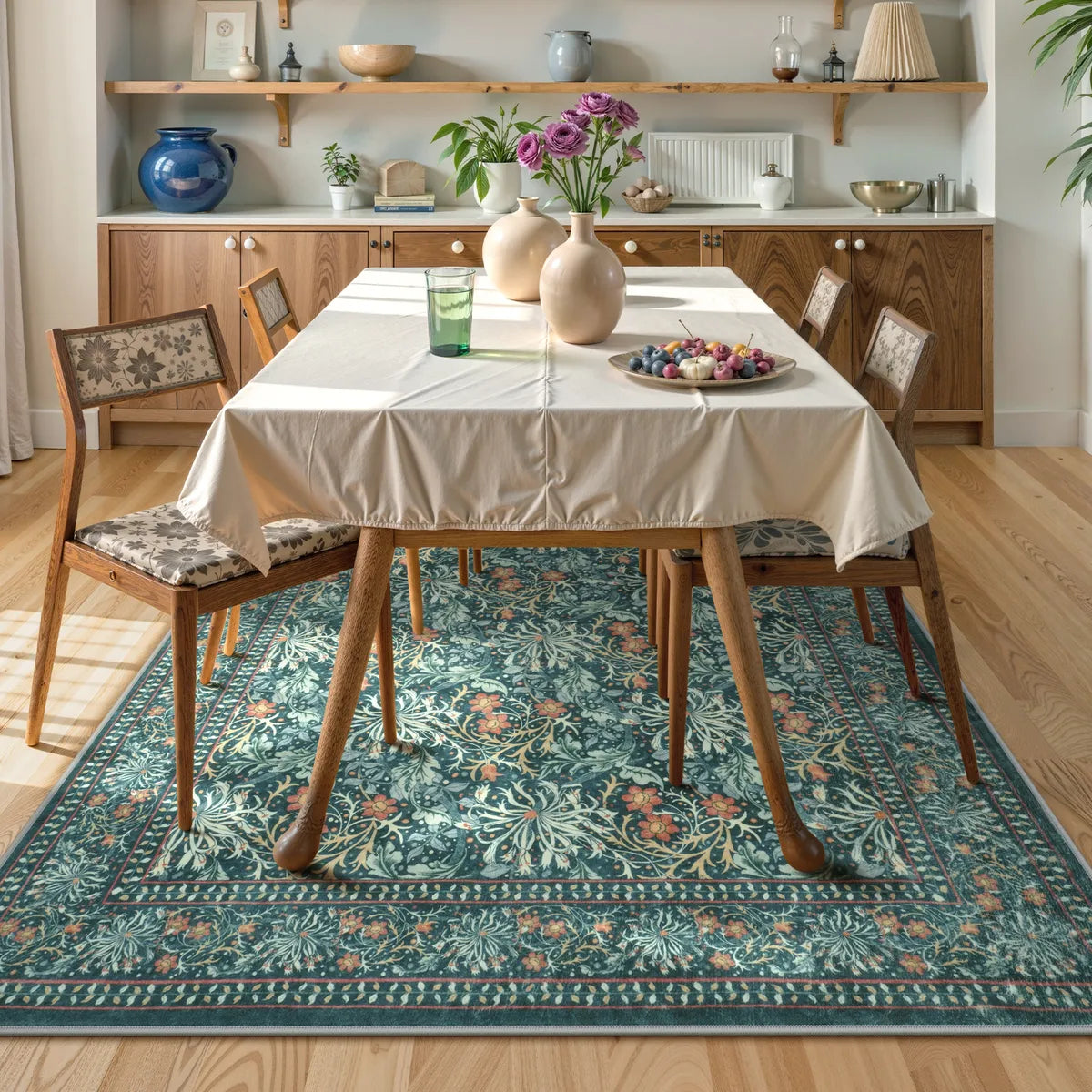 Arbore Washable Boho Vintage Floral Teal Rug Area Rugs Lahome