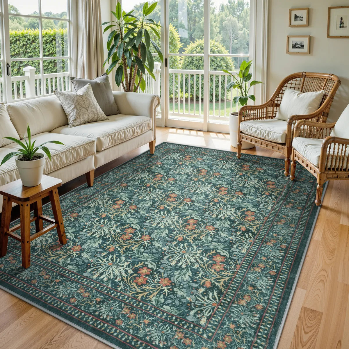 Arbore Washable Boho Vintage Floral Teal Rug Area Rugs Lahome