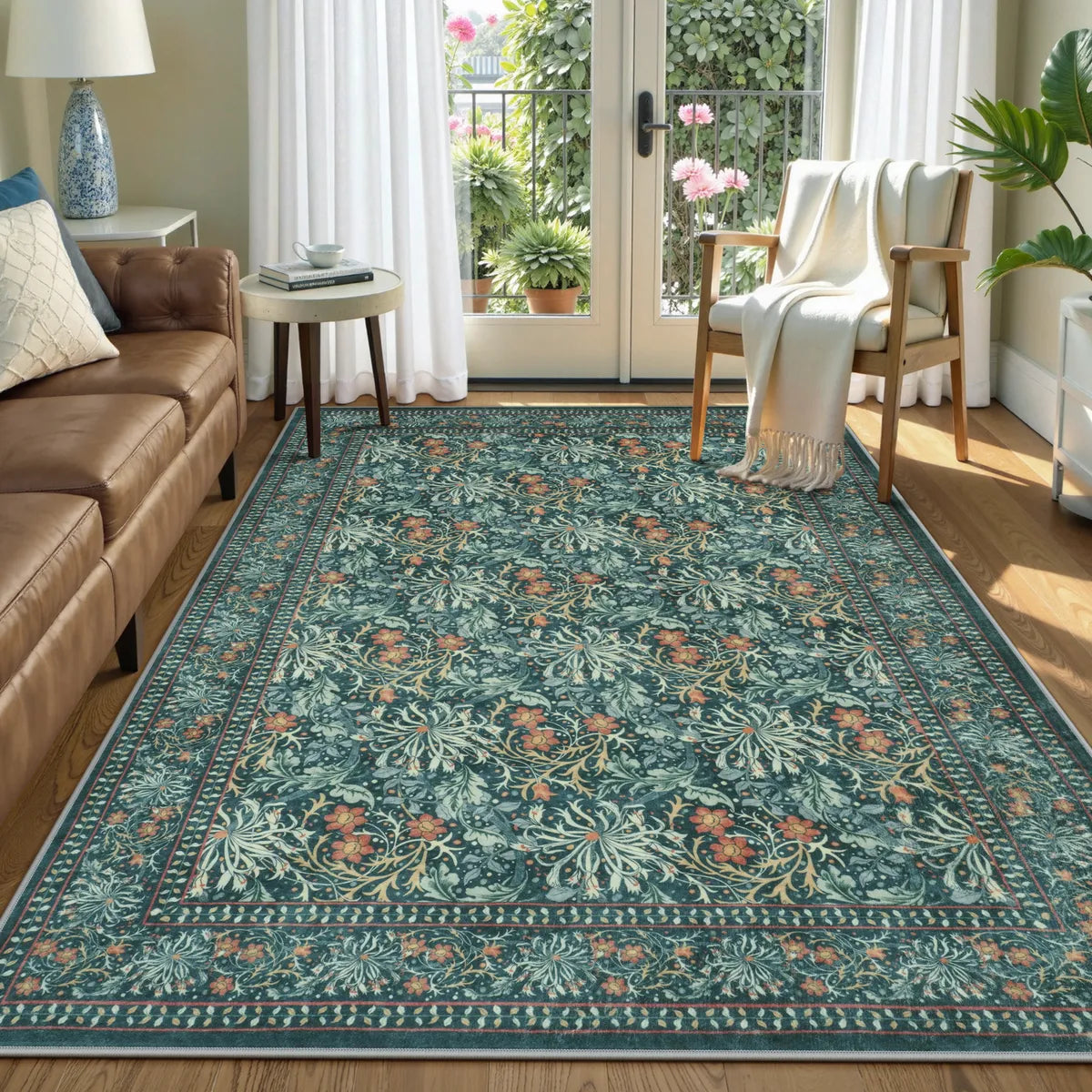Arbore Washable Boho Vintage Floral Teal Rug Area Rugs Lahome 5' x 7'