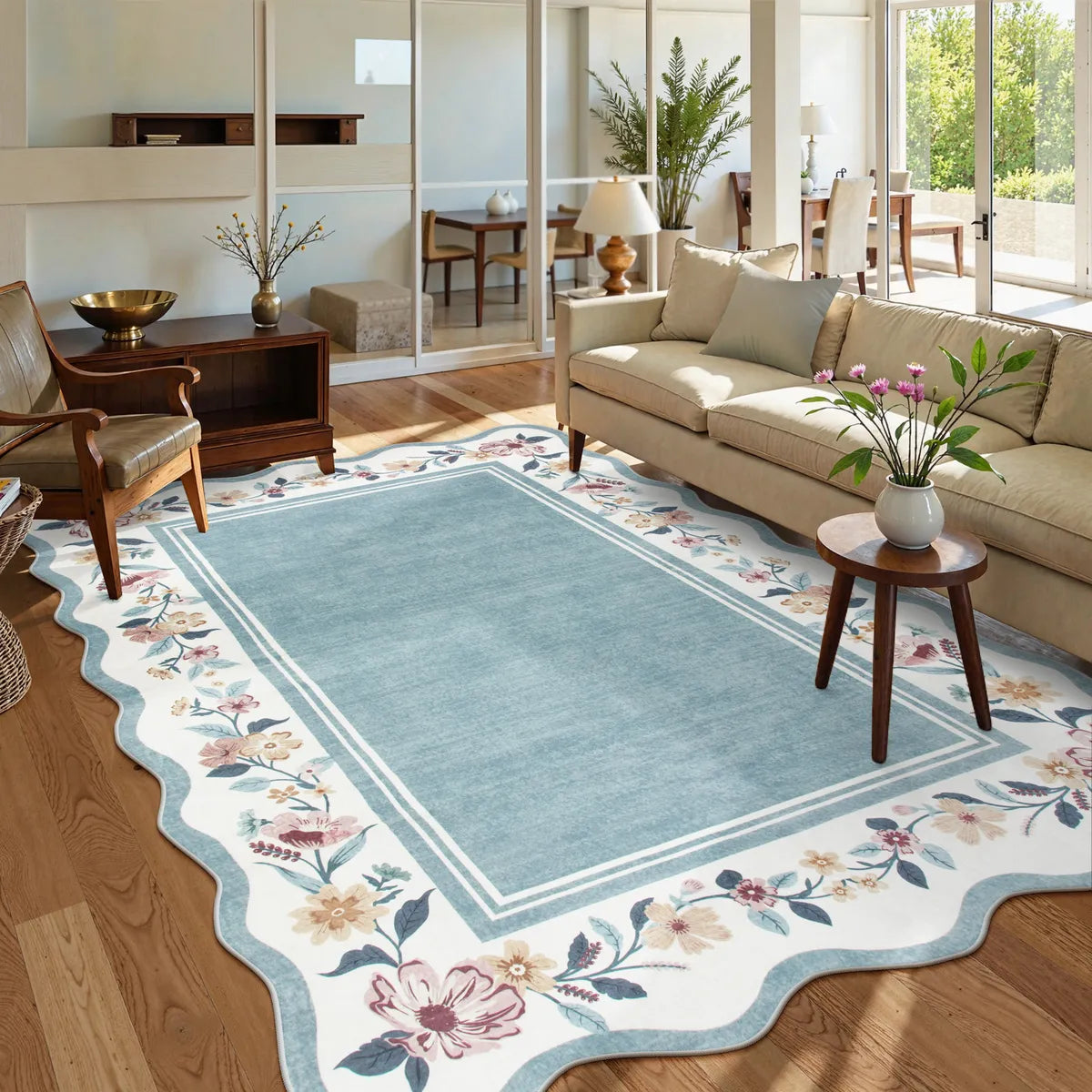 Ariele Washable Vintage Floral Scalloped Dusty Blue Rug Area Rugs Lahome