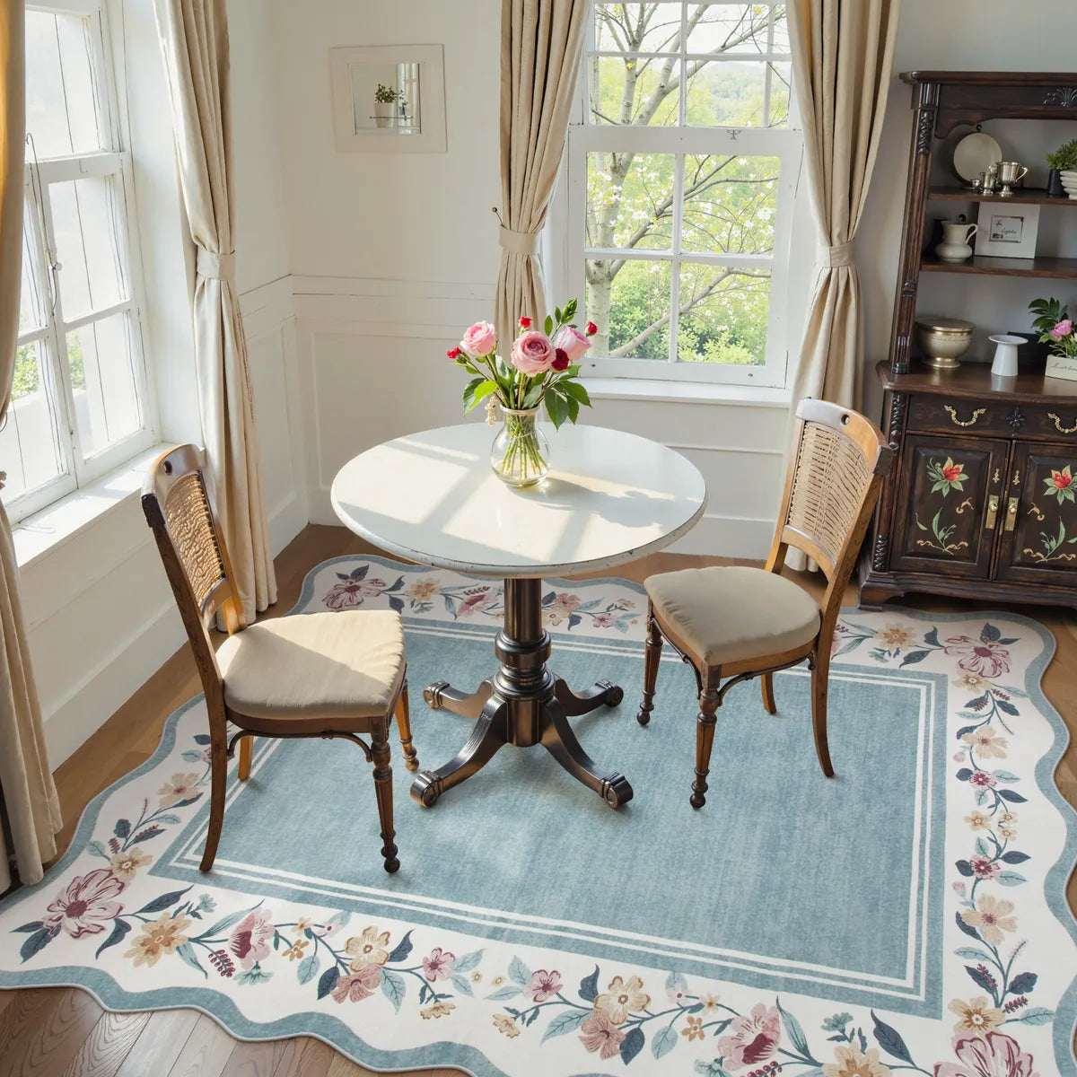 Ariele Washable Vintage Floral Scalloped Dusty Blue Rug Area Rugs Lahome 5' x 7'