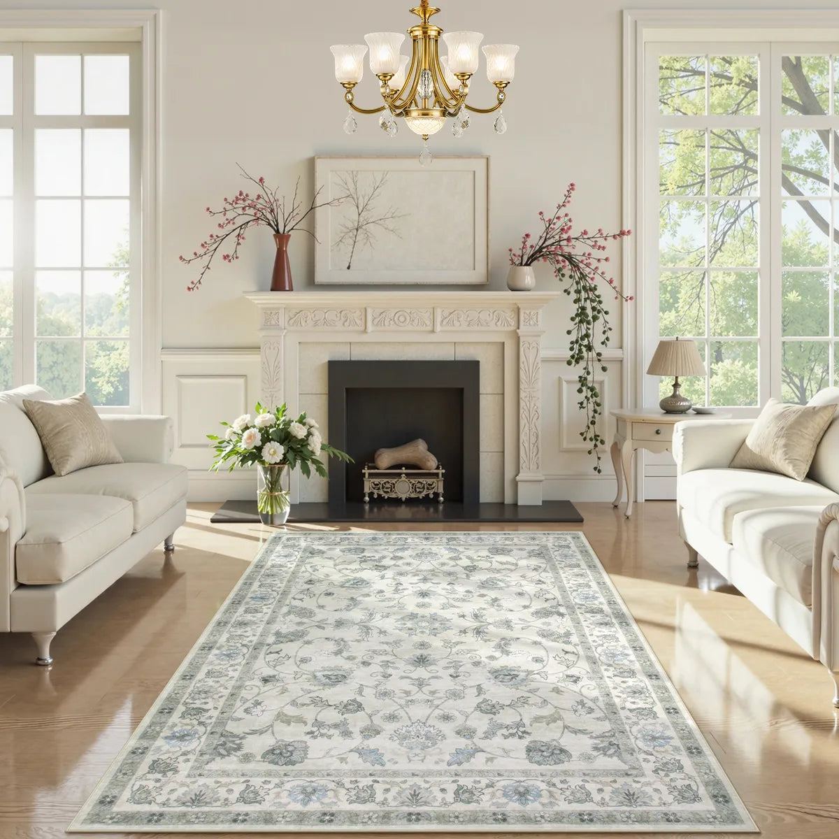 Aurelia Washable Vintage Floral Beige Grey Rug Rugs Lahome 5' x 7'