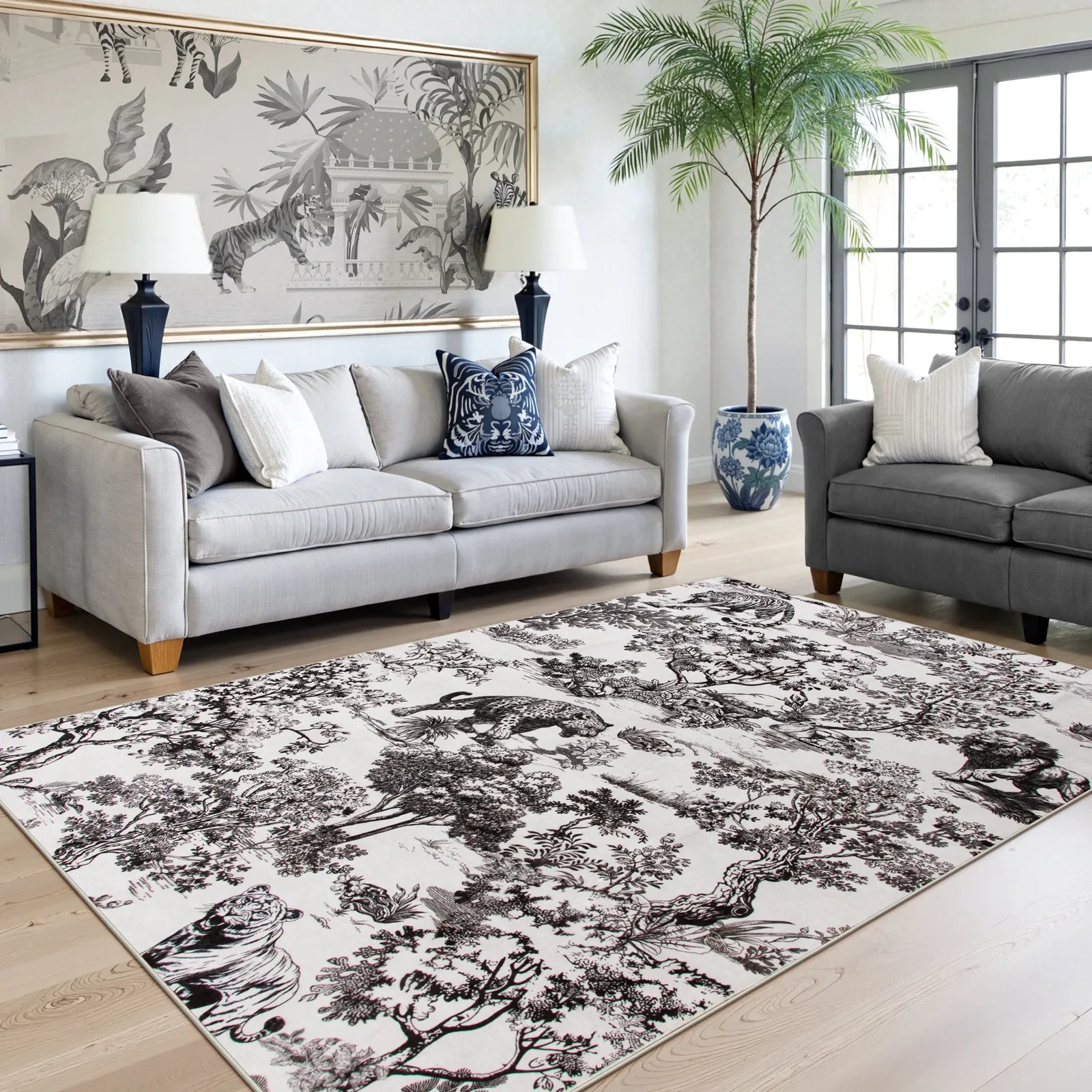 Brume Washable Vintage Toile Tiger Grey Rug Area Rugs Lahome