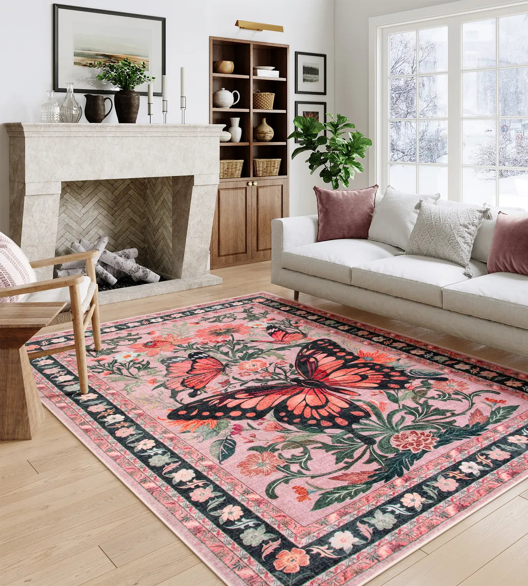 Leonie Washable Butterfly Floral Blossom Pink Rug Clearance Rugs Lahome