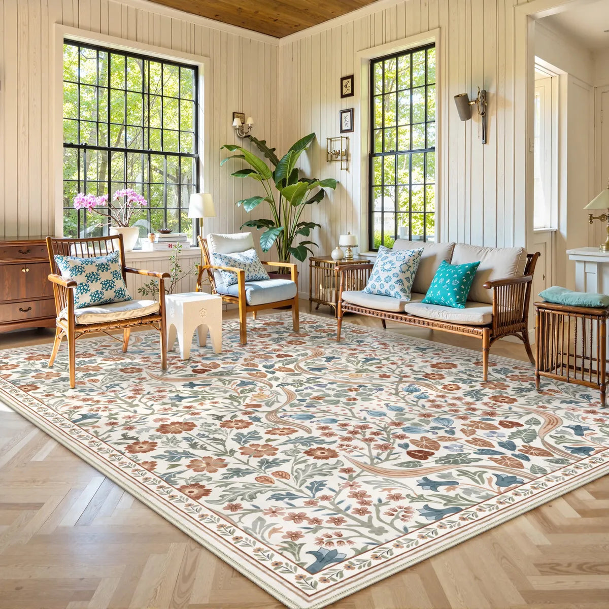 Claude Washable Maximalism Vibrant Blossom Floral Beige Rug Area Rugs Lahome