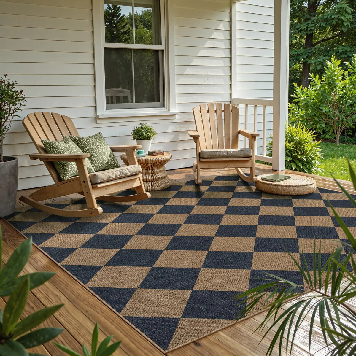 Coline Washable Geometric Checkered Easy Jute Blue Indoor/Outdoor Rug Easy Jute Area Rug Lahome