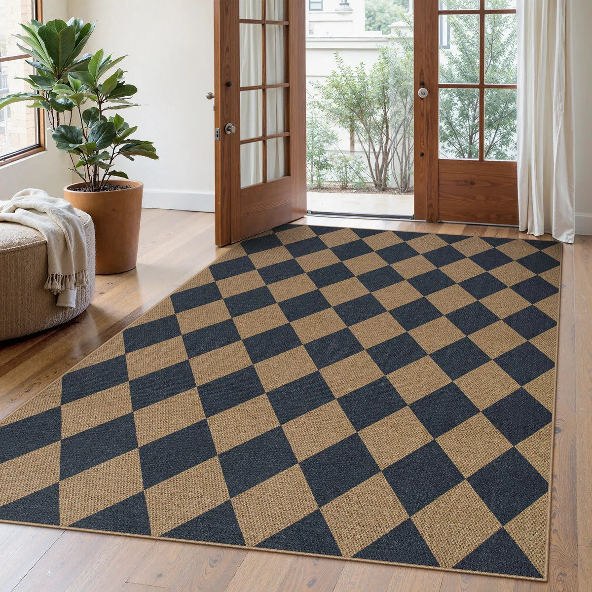 Coline Washable Geometric Checkered Easy Jute Blue Indoor/Outdoor Rug Easy Jute Area Rug Lahome
