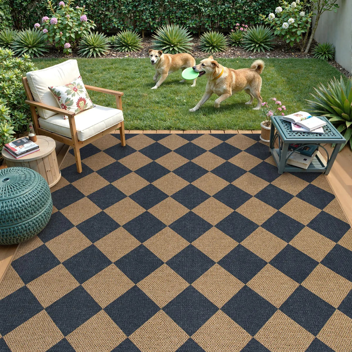 Coline Washable Geometric Checkered Easy Jute Blue Indoor/Outdoor Rug Easy Jute Area Rug Lahome