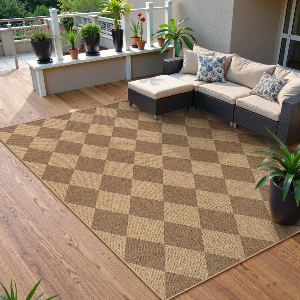 Coline Washable Geometric Checkered Easy Jute Khaki Indoor/Outdoor Rug Easy Jute Area Rug Lahome