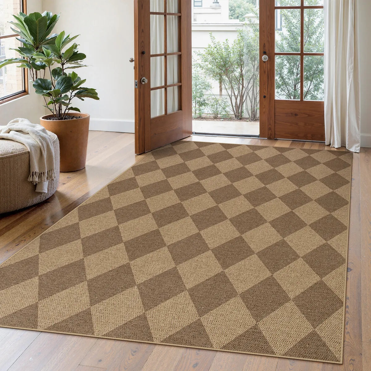 Coline Washable Geometric Checkered Easy Jute Khaki Indoor/Outdoor Rug Easy Jute Area Rug Lahome